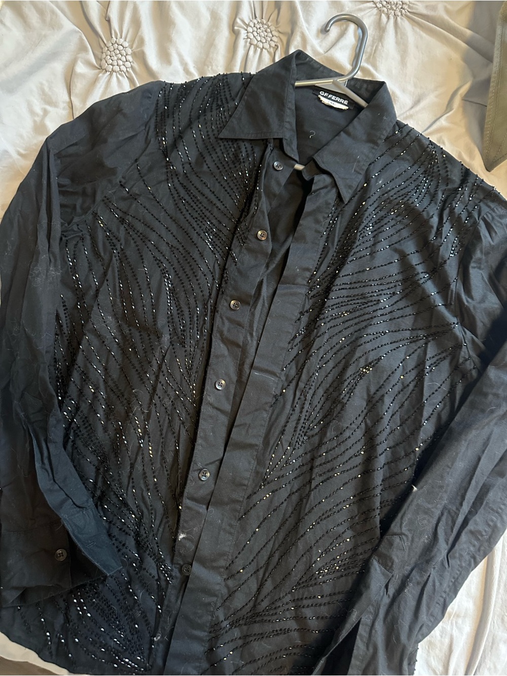 Gianfranco Ferré Black Beaded Wave-Pattern Button-Up Shirt